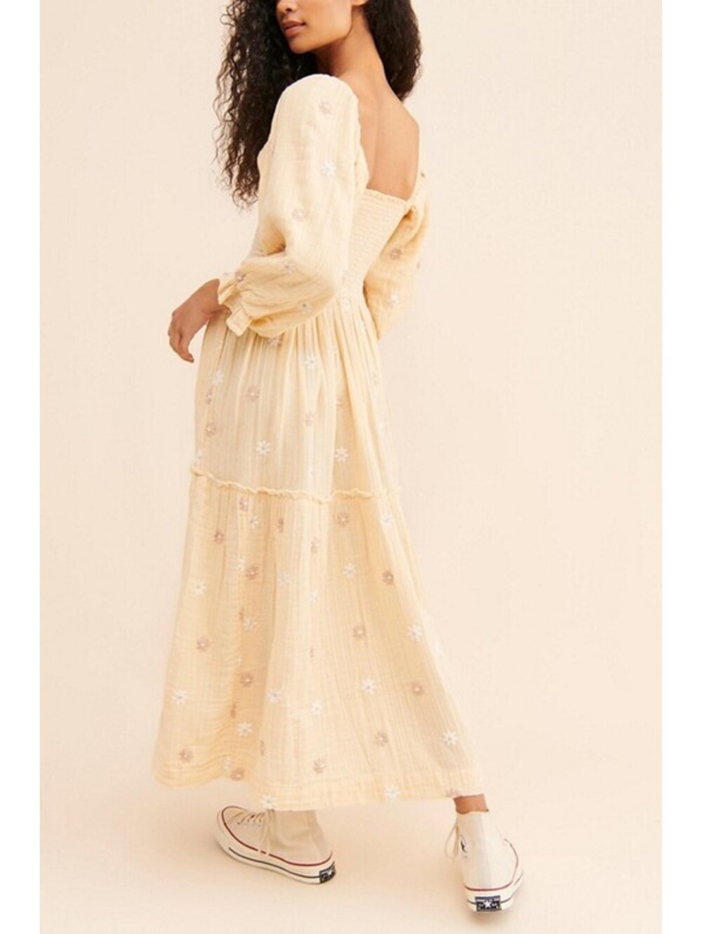Free People - Smocked Yellow Bodice Floral Maxi Dress with Puff Sleeves, Size XS - Picture 2 of 9
